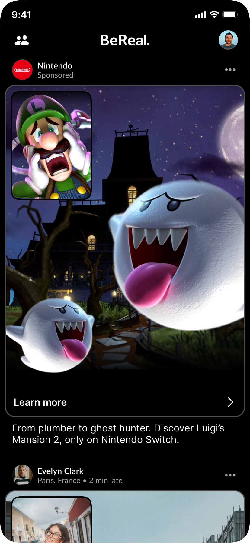 BeReal ad showing Nintendo content in-feed